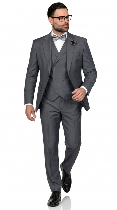Men’s 3 Piece Classic Fit Suit with Double-Breasted Vest and Pleated Pants - Charcoal