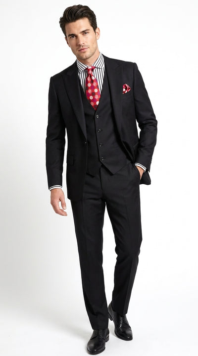 Apollo King Men’s Black 3 Piece Fashion Suit, Wide Peak Lapel Formal Wedding Business Suit