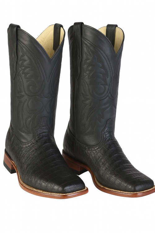 Los Altos Boots Men's Black Caiman Belly Wide Square Toe Boots-New Designer Collection