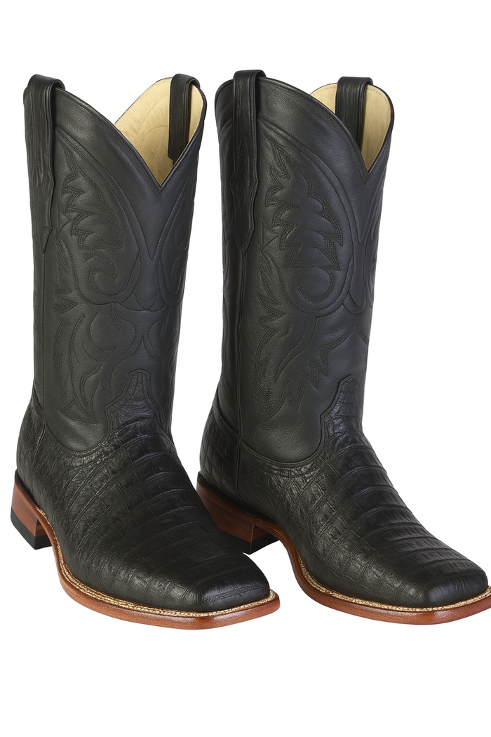 Los Altos Boots Men's Black Caiman Belly Wide Square Toe Boots-New Designer Collection