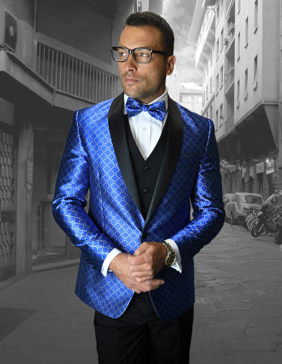 Mens Vested One Button Shawl Tuxedo in Geometric Chain Print in Royal - 36 Short