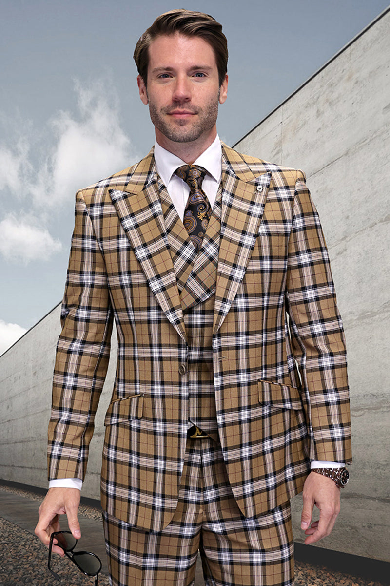 Men's One Button Wide Peak Lapel Vested Designer Wool Bold Windowpane Plaid Suit in Tan - 36 Short