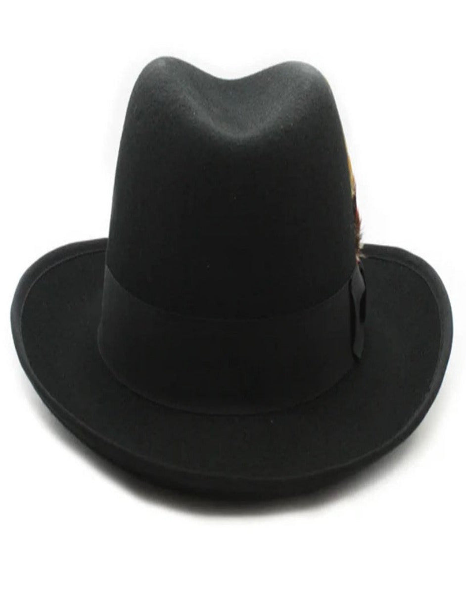 Black Dress Hat 1920s Fedora Style - Mens Classic Gangster Godfather Wool Dress Hat in Black - S