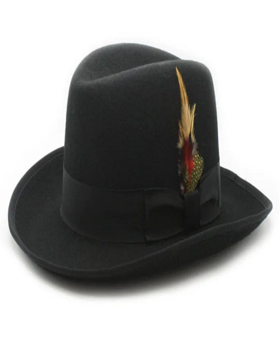 Black Dress Hat 1920s Fedora Style - Mens Classic Gangster Godfather Wool Dress Hat in Black - S