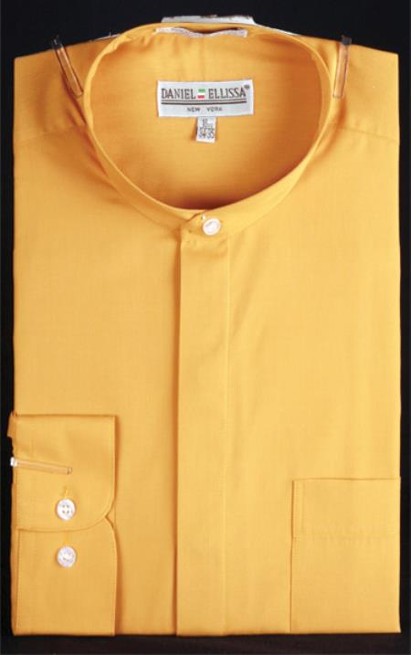 Honey Gold Men's Banded Collar ~ Oriental Mao Chines Style Collarless Mandarin Shirts - Small 14.5" Neck / 32-33" Sleeve
