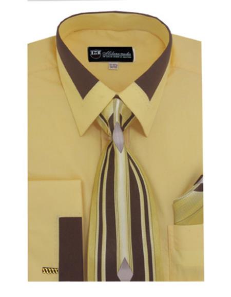 Gold Fashion Contrast Collar French Cuff Matching Tie And Hanky Set Men's Dress Shirt