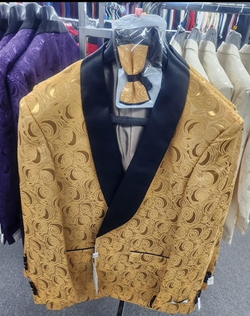 Paisley Tuxedo Dinner Jacket - Gold Mens Blazer + Bowtie - Prom 2025 Jackets