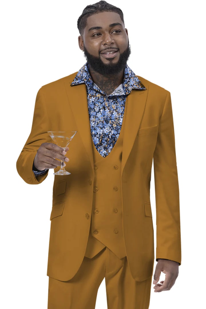 Cheap priced Suit  - Mens Modern Two Button Vested Peak Lapel Gold Suit With Double Breasted Vest