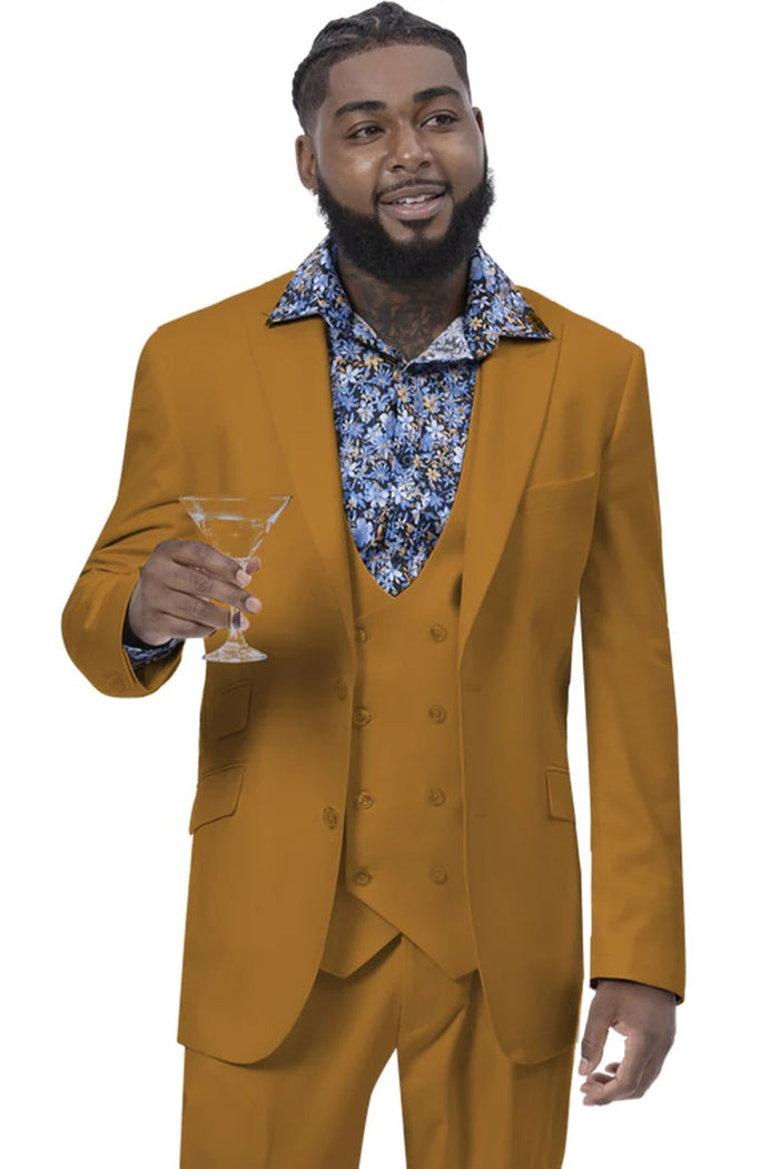Cheap priced Suit  - Mens Modern Two Button Vested Peak Lapel Gold Suit With Double Breasted Vest