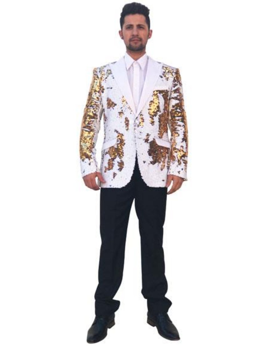 Sequin Tuxedo - Mens Blazer - Gold and White Dinner Jacket - Shiny Tuxedo Jacket - S