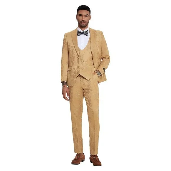 2025 Floral Mens 3PC Suit w/ Double Breasted  Prom 2025 Vest by Tazzio, Golden - 38 Short Jacket+32 Waist Adjustable 28to34)(Height: 5 4 to5 7 )(Neck  15-16.5)S-M)