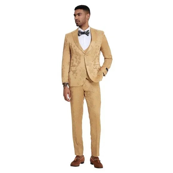 2025 Floral Mens 3PC Suit w/ Double Breasted  Prom 2025 Vest by Tazzio, Golden - 38 Short Jacket+32 Waist Adjustable 28to34)(Height: 5 4 to5 7 )(Neck  15-16.5)S-M)