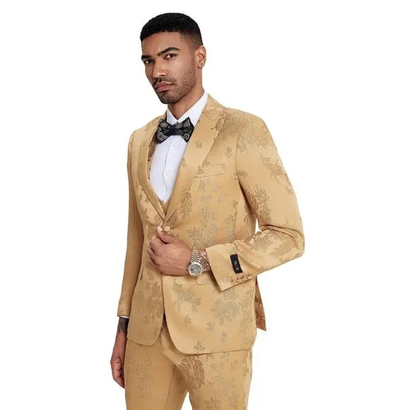 2025 Floral Mens 3PC Suit w/ Double Breasted  Prom 2025 Vest by Tazzio, Golden - 38 Short Jacket+32 Waist Adjustable 28to34)(Height: 5 4 to5 7 )(Neck  15-16.5)S-M)