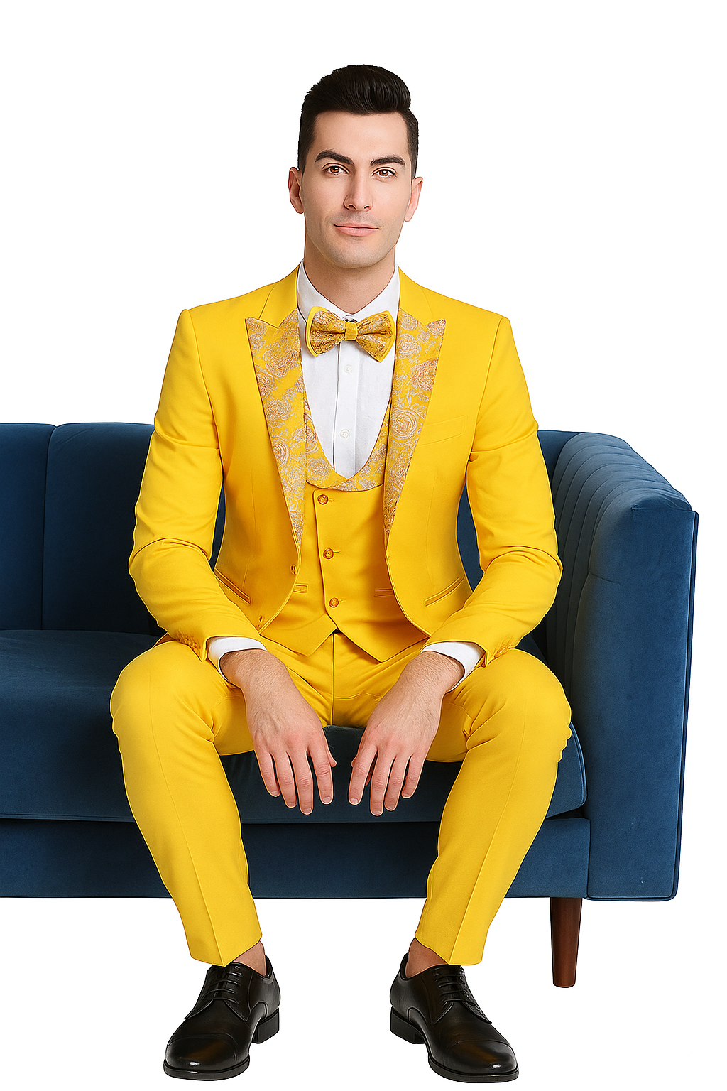 Radiant Golden Bloom Mens 3-Piece Suits with Floral Peak Lapel - 36 Short