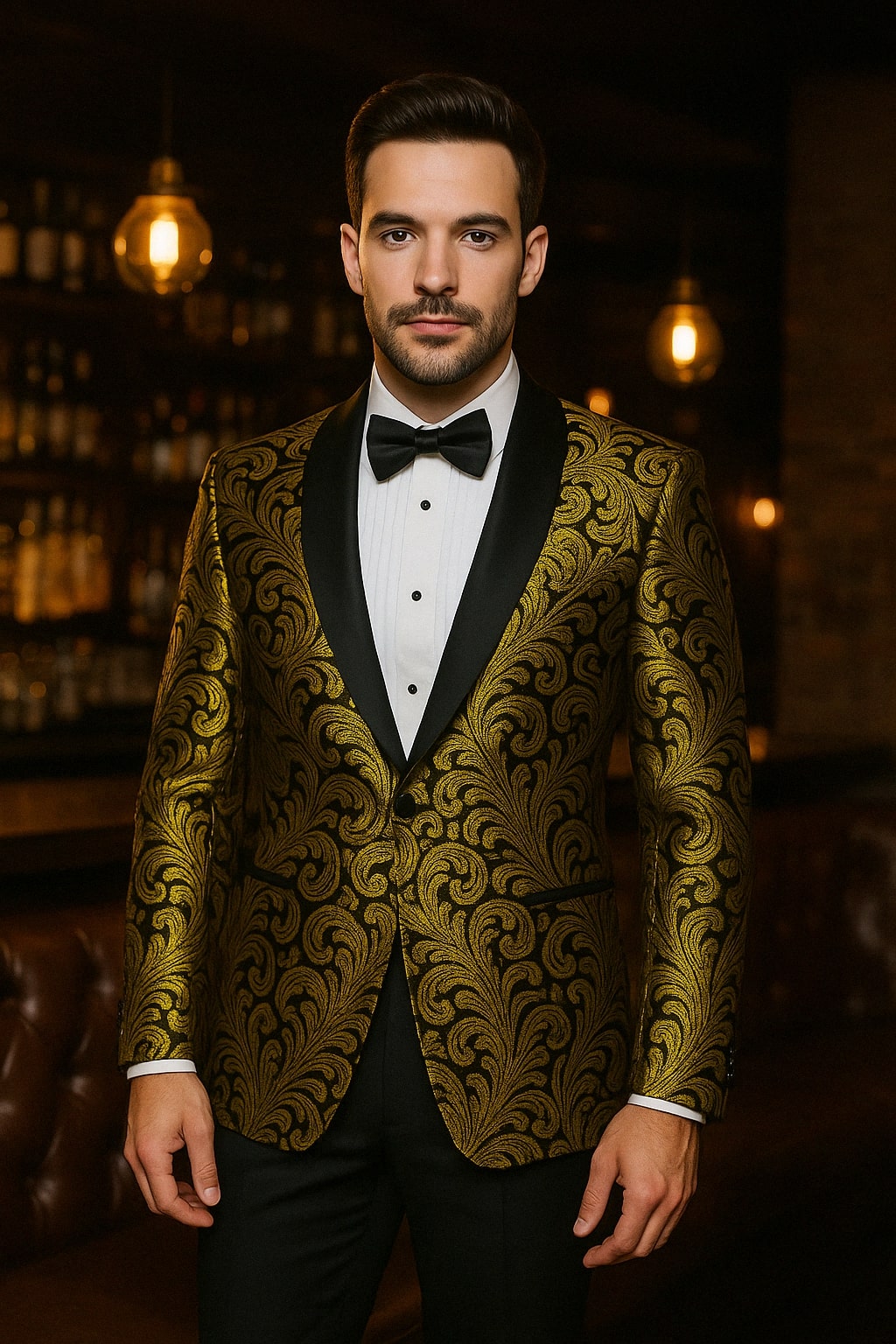 Mens Goldish Yellow and Black Paisley Tuxedo Blazer with Matching Bow Tie with Black Pants - 36 Short