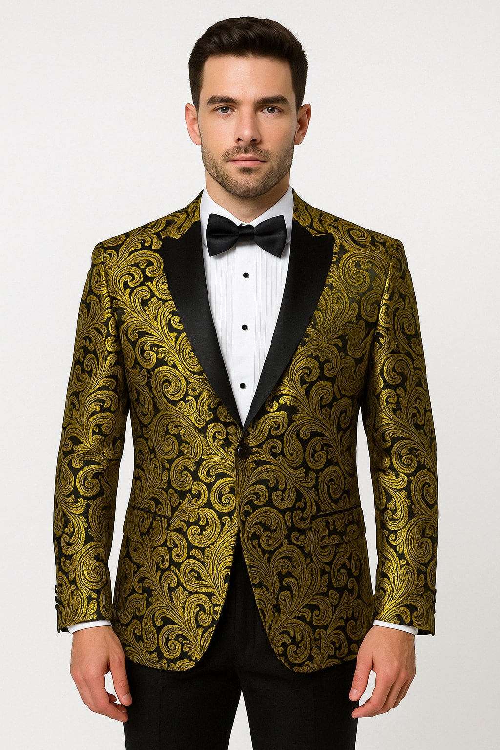 Mens Goldish Yellow and Black Paisley Tuxedo Blazer with Matching Bow Tie with Black Pants - 36 Short