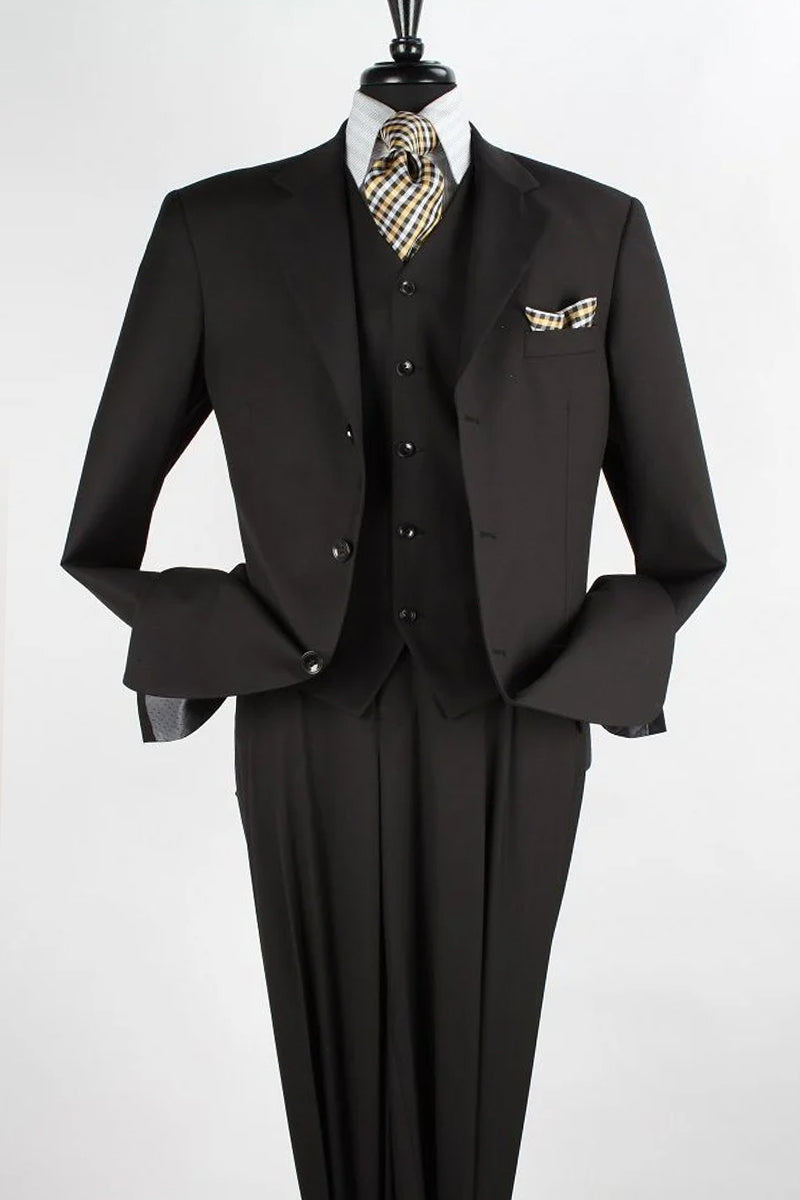 "Classic Fit Men's 3-Button Vested Black Suit with Single Pleated Pants"