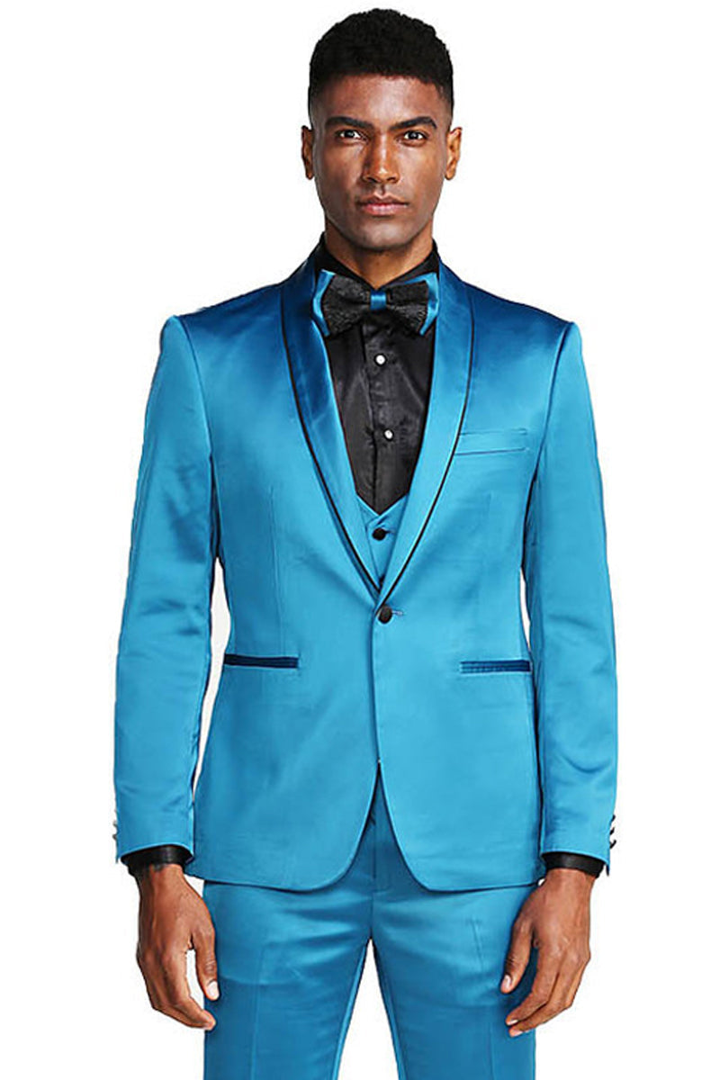 Turquoise Men's Slim Fit Vested Satin Tuxedo Suit for Prom & Wedding