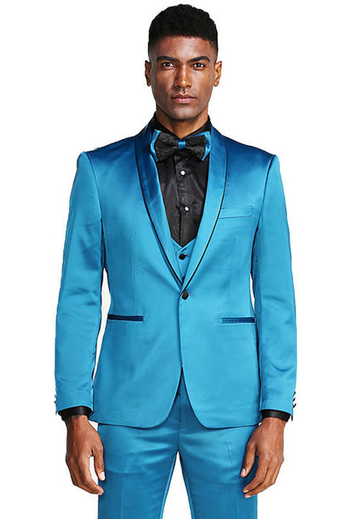 Turquoise Men's Slim Fit Vested Satin Tuxedo Suit for Prom 2026 & Wedding
