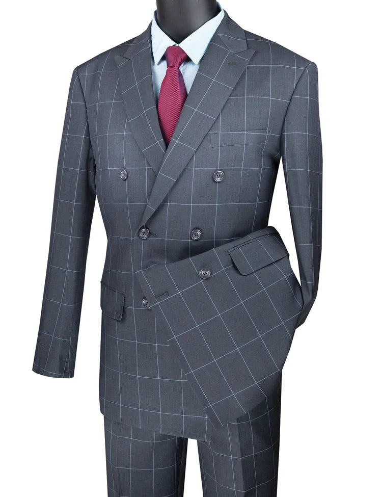 Gray Double Breasted Suit – Modern Fit 2 Piece Windowpane Peak Lapel - 38 Short - 32 Waist