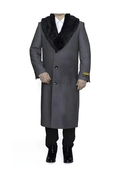 Removable Fur Collar Full Length Wool Dress Ankle length Overcoat In Grey Herringbone