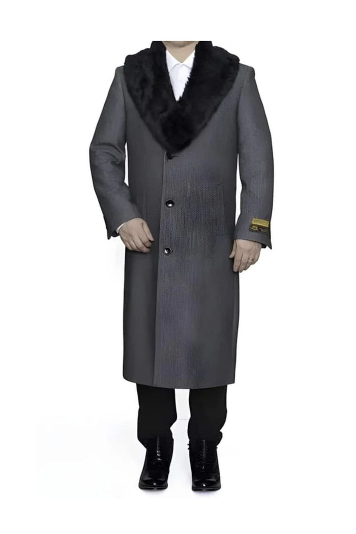 Removable Fur Collar Full Length Wool Dress Ankle length Overcoat In Grey Herringbone