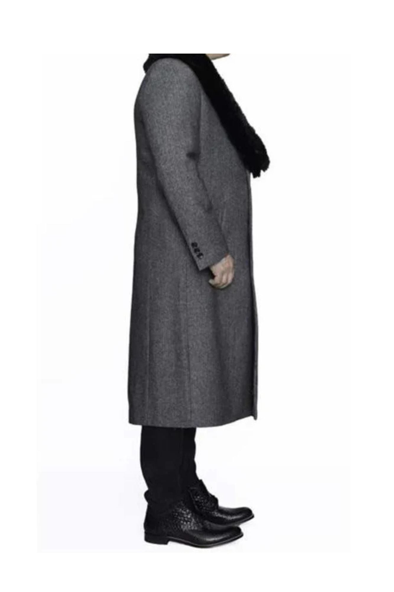 Removable Fur Collar Full Length Wool Dress Ankle length Overcoat In Grey Herringbone - Coat Size 38