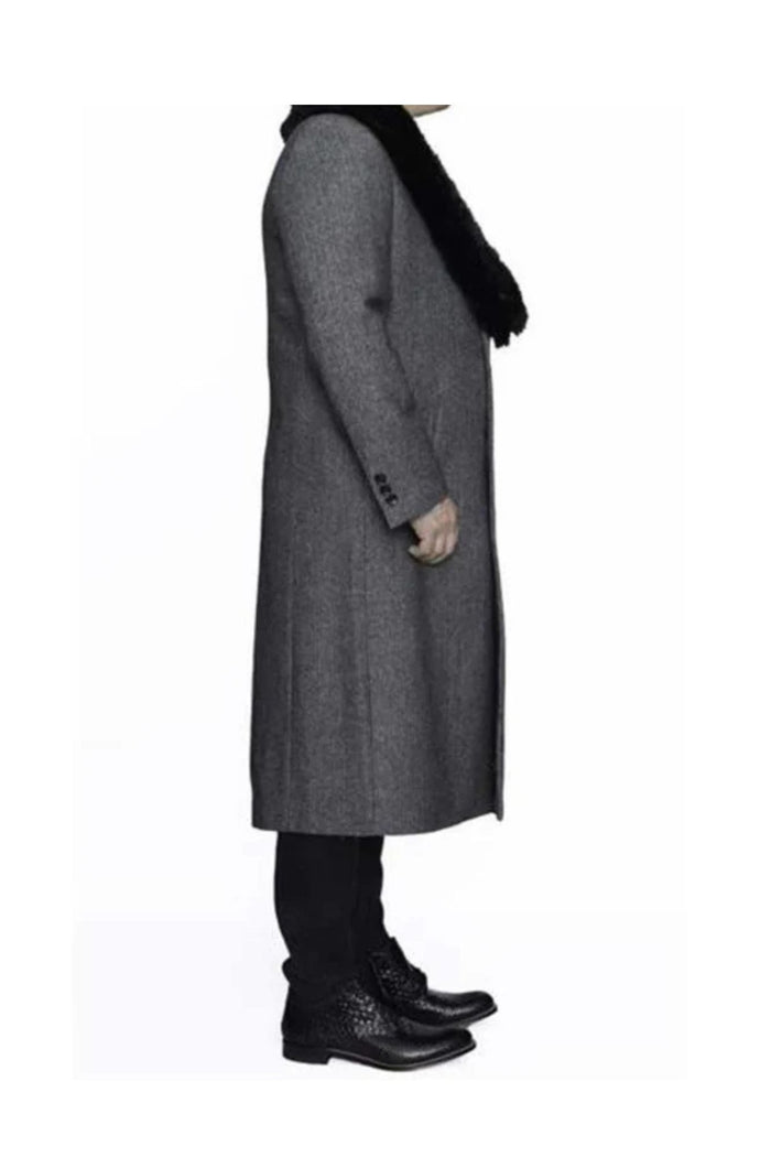 Removable Fur Collar Full Length Wool Dress Ankle length Overcoat In Grey Herringbone