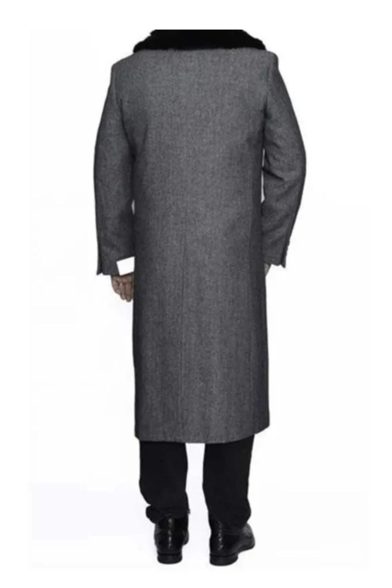 Removable Fur Collar Full Length Wool Dress Ankle length Overcoat In Grey Herringbone - Coat Size 38