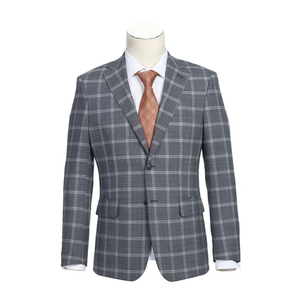 English Laundry Suits  Designer Brand - Wool Stretch Single Breasted Slim Grey Suit Windowpane Check by English Laundry