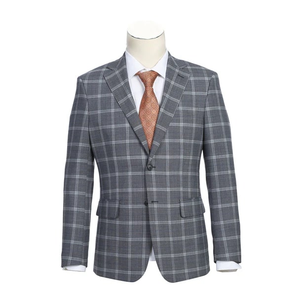 Designer Brand - Wool Stretch Single Breasted Slim Grey Suit Windowpane Check