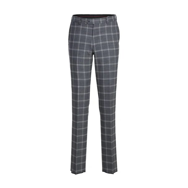Designer Brand - Wool Stretch Single Breasted Slim Grey Suit Windowpane Check