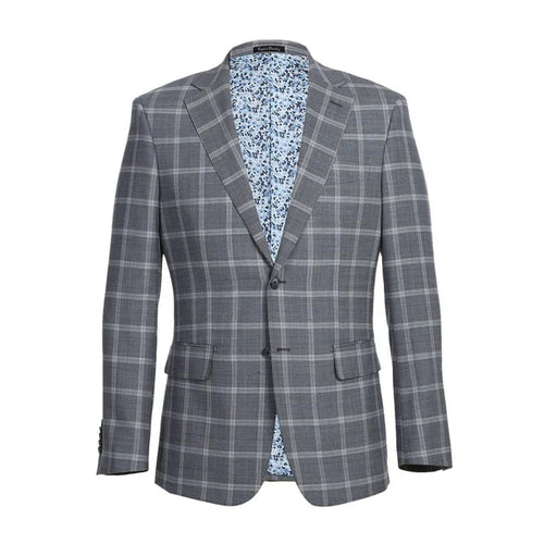 Designer Brand - Wool Stretch Single Breasted Slim Grey Suit Windowpane Check