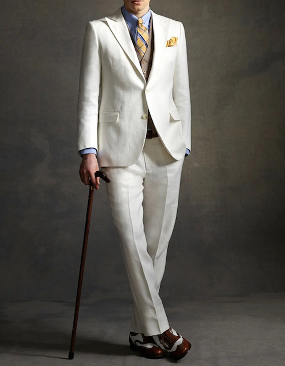 "Mens The Great Gatsby Vested Peak Lapel Suit in Ivory with Brown Vest"