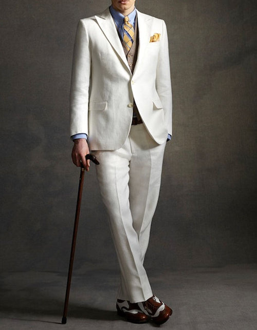 Men’s Ivory Great Gatsby Vested Suit with Brown Vest, 2 Button Off White Peak Lapel Wedding Suit