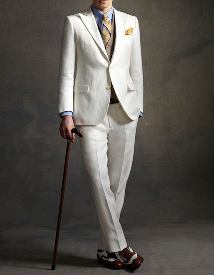 Men’s Ivory Great Gatsby Vested Suit with Brown Vest, 2 Button Off White Peak Lapel Wedding Suit