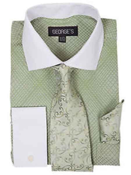 Apple Green Men's Mini Plaid/Checks French Cuff Dress Shirt With Tie And Handkerchief White Collar Two Toned Contrast Men's Dress Shirt - 15.5 Neck / 34-35 sleeve