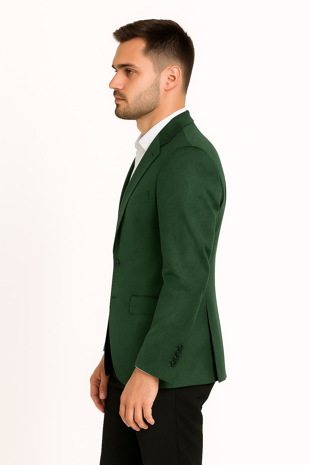 Mens Green Paisley Tuxedo Jacket â€“ Slim Fit Embossed Formal Blazer for Weddings and Special Events in Soft velvet Fabric With Black Pants - 36 Short