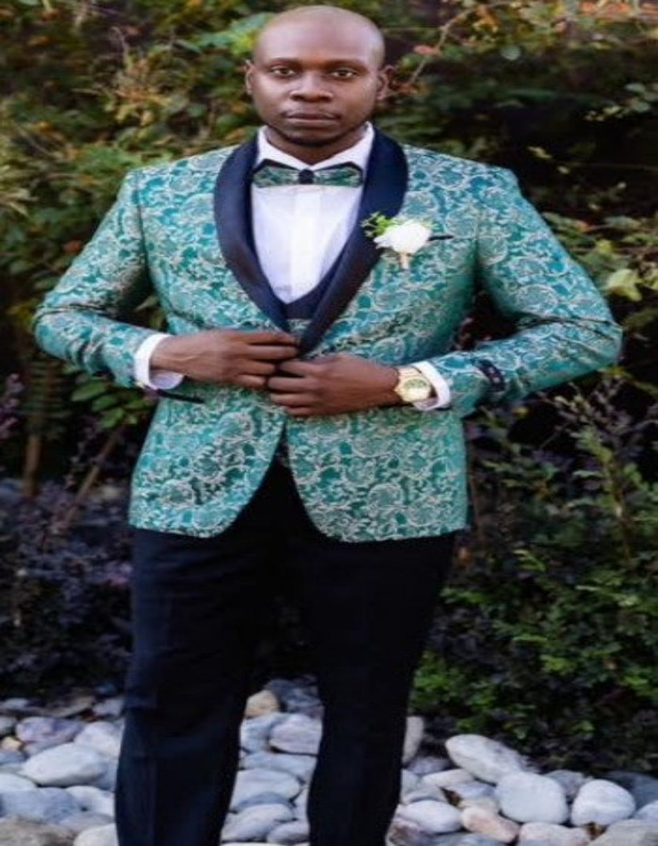 Emerald Green and Gold Paisley Tuxedo Suit - Vested Wedding and Prom For Men - 34 Short or Extra Small