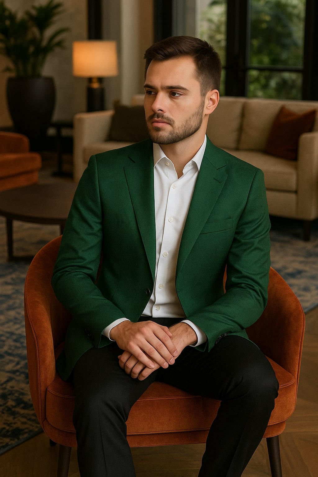 Mens Green Paisley Tuxedo Jacket â€“ Slim Fit Embossed Formal Blazer for Weddings and Special Events in Soft velvet Fabric With Black Pants - 36 Short
