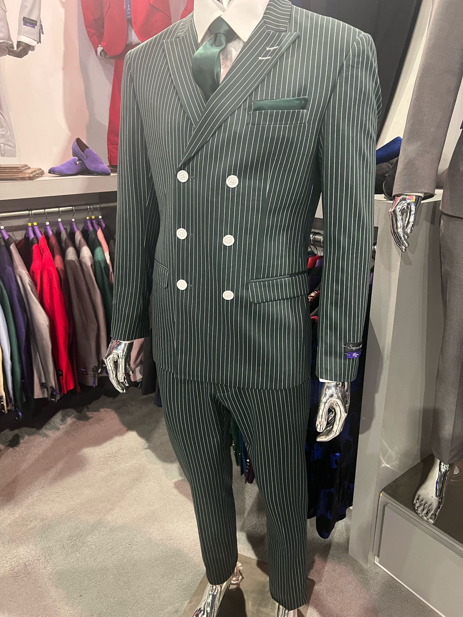 Mens Green Pinstripe Double-Breasted Suit – Slim Fit 2 Piece Formal Business Suit with Peak Lapel 1920s Gangster Pinstripe - 34 Short or Extra Small