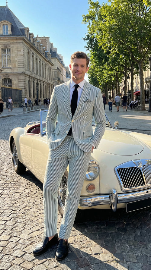Mens White and Green Seersucker Suit Classic Striped Lightweight Summer Suit for Weddings and Formal Events Cotton Fabric