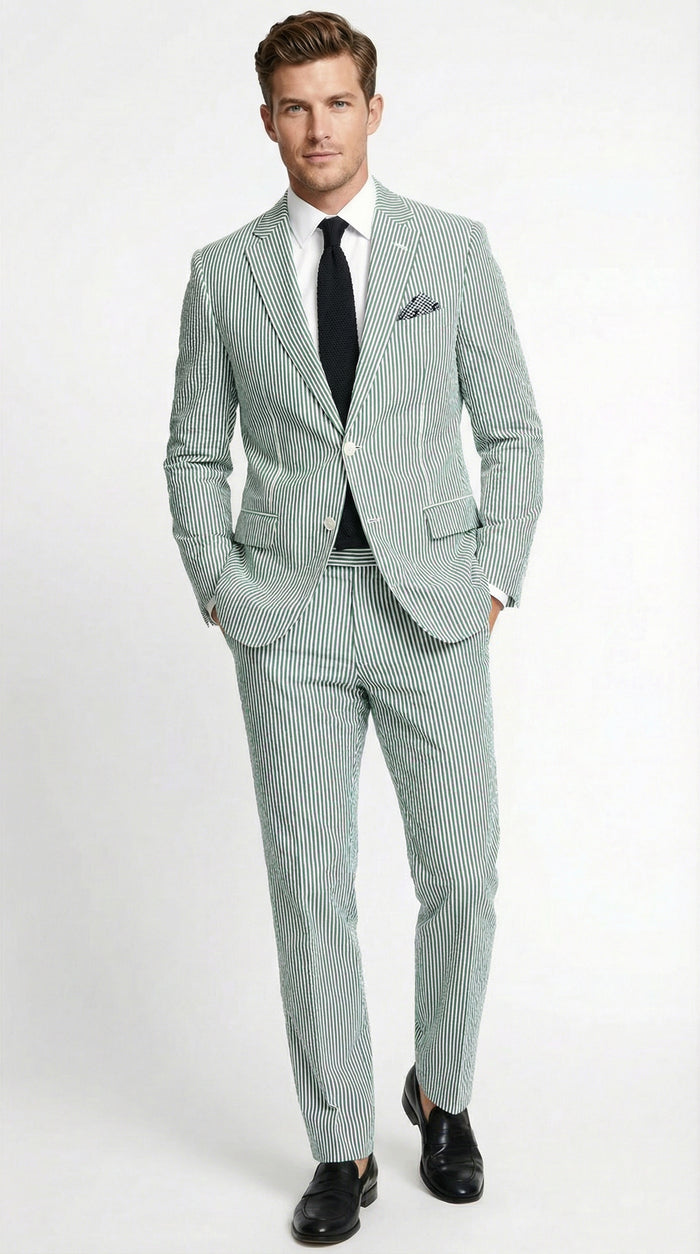 Mens White and Green Seersucker Suit Classic Striped Lightweight Summer Suit for Weddings and Formal Events Cotton Fabric