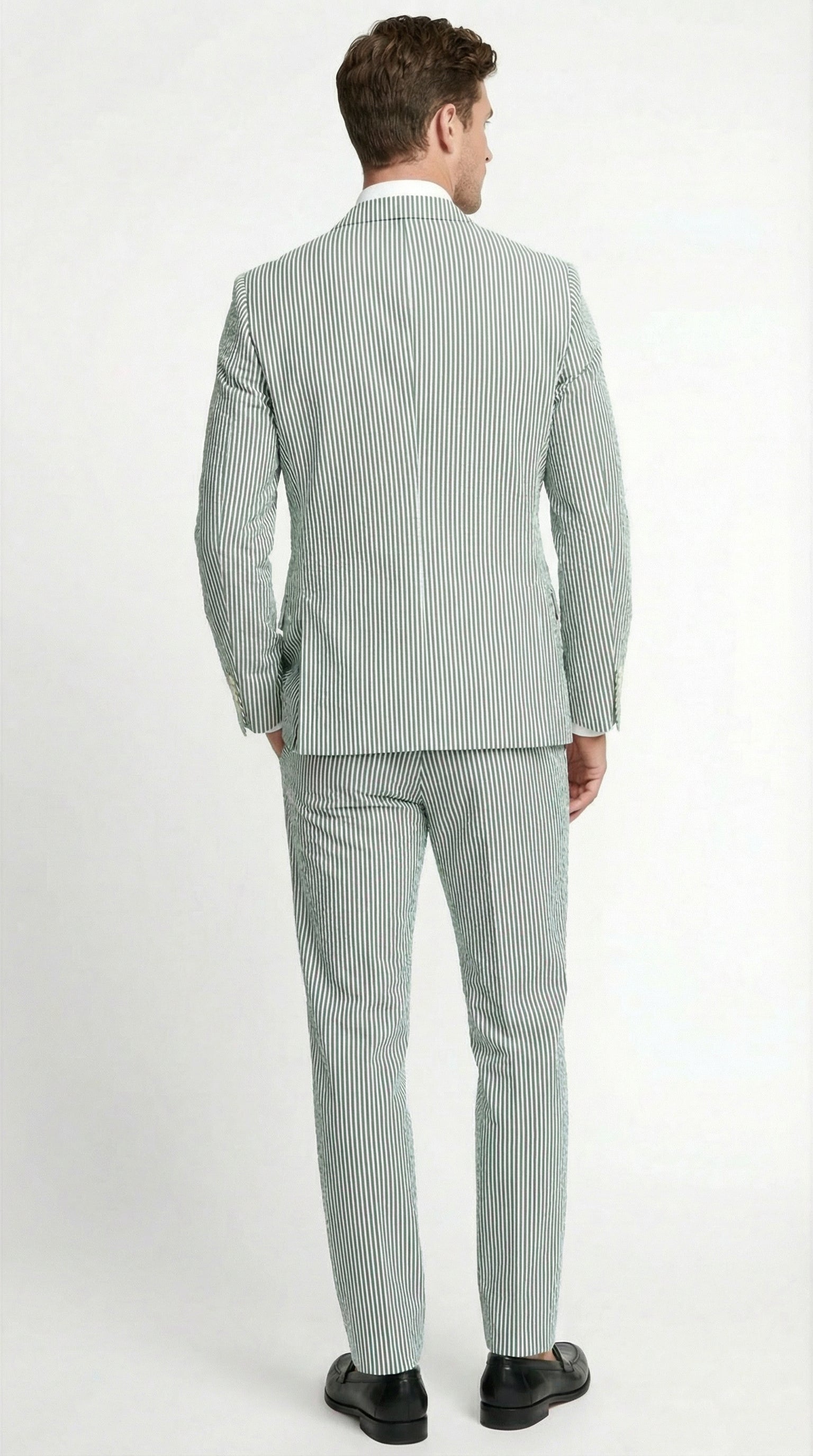 Men’s White and Green Seersucker Suit – Classic Striped Lightweight Summer Suit for Weddings and Formal Events Cotton Fabric - 38 Short Jacket+32 Waist Adjustable 28to34)(Height: 5 4 to5 7 )(Neck  15-16.5)S-M)