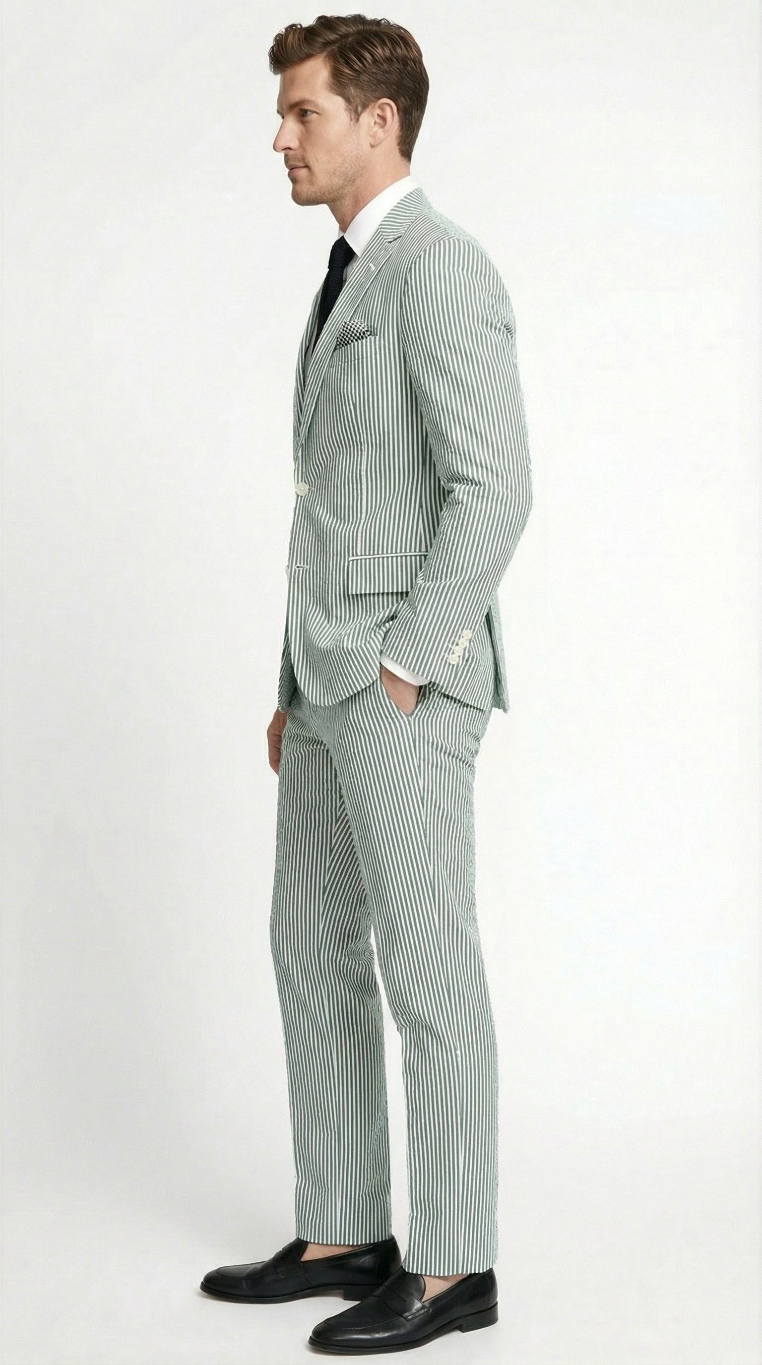 Mens White and Green Seersucker Suit Classic Striped Lightweight Summer Suit for Weddings and Formal Events Cotton Fabric