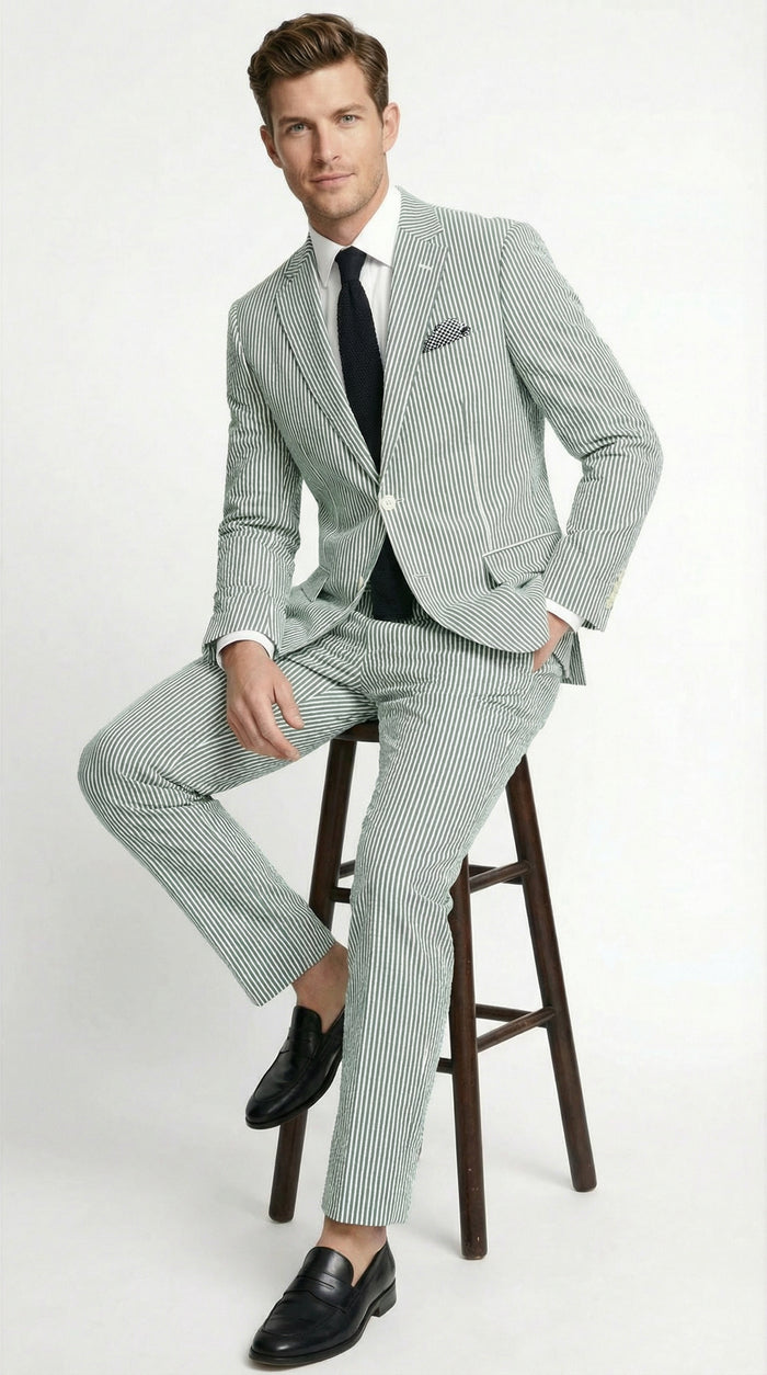 Mens White and Green Seersucker Suit Classic Striped Lightweight Summer Suit for Weddings and Formal Events Cotton Fabric