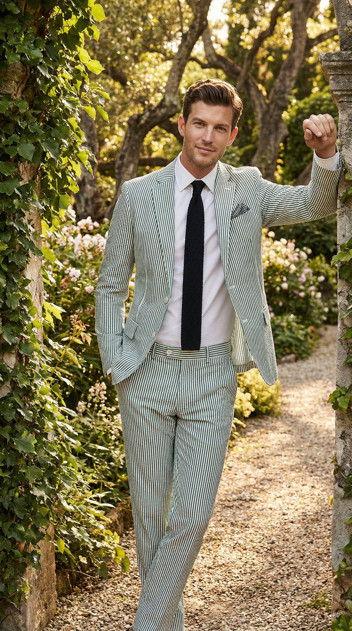 Mens White and Green Seersucker Suit Classic Striped Lightweight Summer Suit for Weddings and Formal Events Cotton Fabric