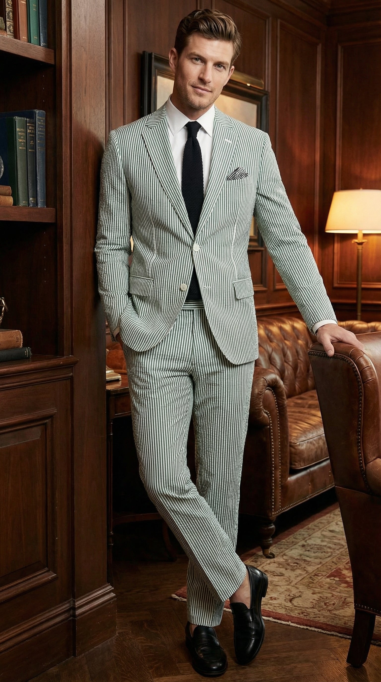 Men’s White and Green Seersucker Suit – Classic Striped Lightweight Summer Suit for Weddings and Formal Events Cotton Fabric - 38 Short Jacket+32 Waist Adjustable 28to34)(Height: 5 4 to5 7 )(Neck  15-16.5)S-M)