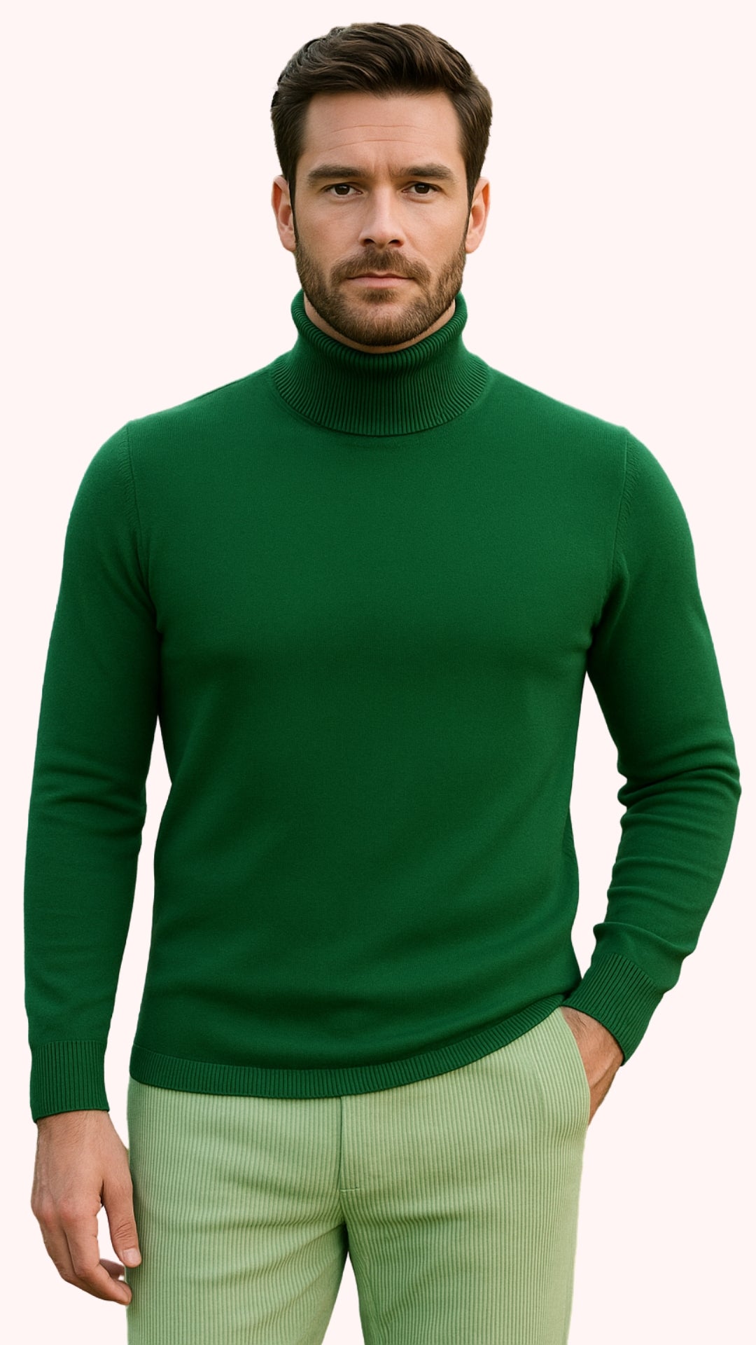 Mens Green Slim Fit Turtleneck Sweater â€“ Lightweight Knit Pullover in Emerald Green - S