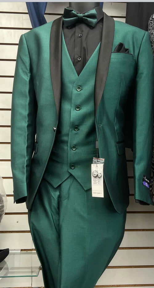 Mens Emerald Green Tuxedo with Black Satin Shawl Lapel  3 Piece Formal Suit with Vest green suits - New Arrival